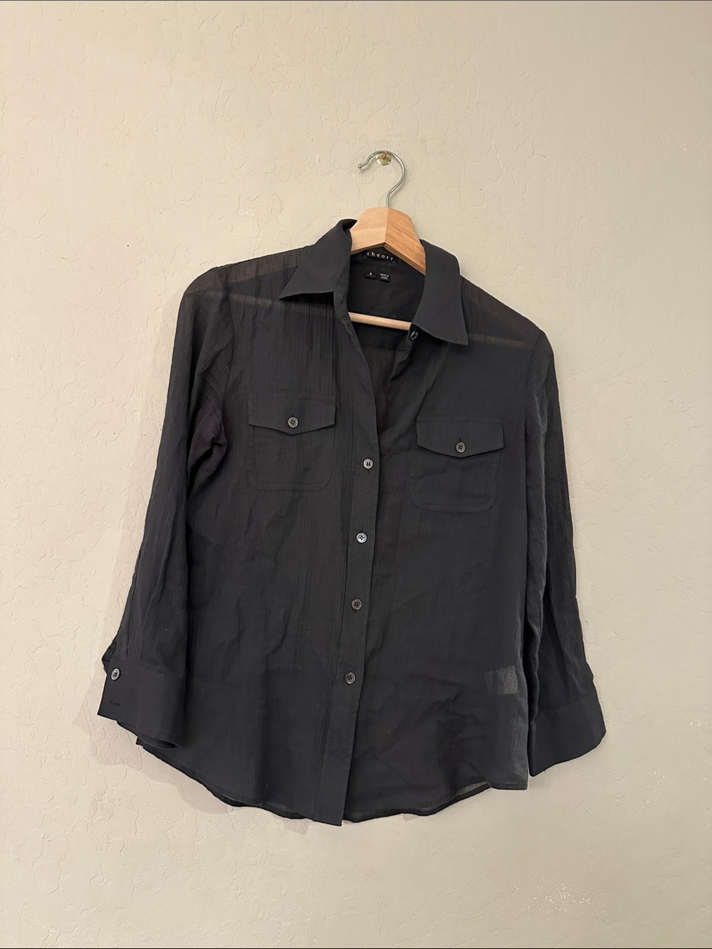Theory dark grey  cotton Sheer Button-Down Top